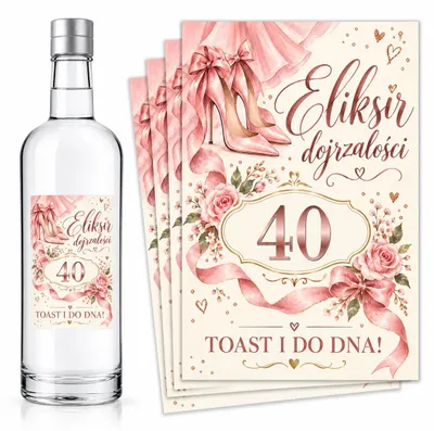 Obrázok produktu pre Etikety na fľaše – k 40. narodeninám – „Eliksir Dojrzałości” – ružová – #144 – 8 ks