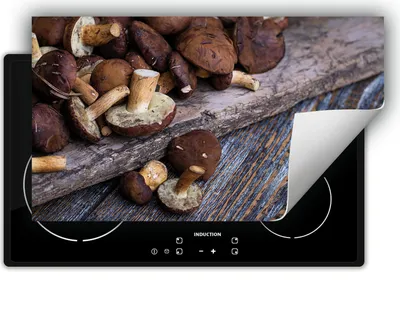 Produktbild von DarHaus Herdabdeckplatte 90x52 cm Anti Rutsch Matte Aufrollbar, Champignons - Holz