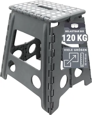 Produktbild von Tritthocker - Klappbarer Hocker - 40 cm - Für Kinder und Erwachsene - Bis 120 kg - Rutschfeste Beschichtung - Tragegriff - Hellgrau