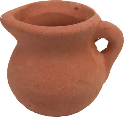 Produktbild von Krug aus rotem Ton mit 2 Griffen. Höhe 2 cm. Für Krippe oder Puppenhaus.