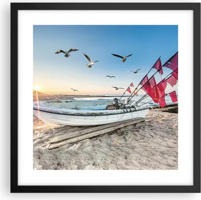Produktbild von Gerahmtes Poster - Schwarzer Rahmen - £ódŸ Küste Möwen - 40x40 cm - Wand Bild - Wanddeko - Wandbilder - Kunstposter - Wandposter - Bilderrahmen - Bilder - Kunstdruck - Wanddekoration - P2BAC40x40-4779