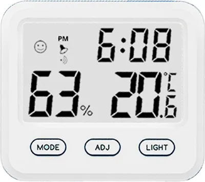Produktbild von Raumthermometer mit Hygrometer, integrierter Uhr und Zeitanzeige für Zuhause und Büro