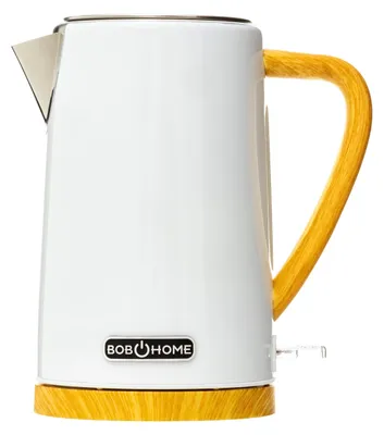 A white electric kettle with a wood-grain handle and base, shown against a white background.