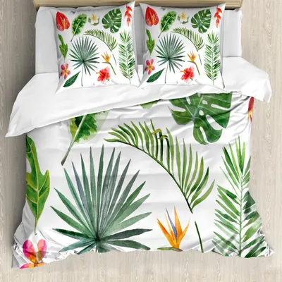 Produktbild von ABAKUHAUS Aloha Bettbezug Set, Künstlerische tropische Pflanzen Set üppigen Dschungel Regenwald Elemente Blüten und Blätter, 155 x 220 cm + 80 x 80 cm, Mehrfarbig
