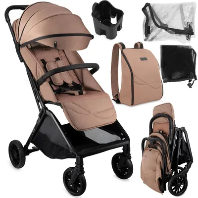 A collage of images showing a stroller and its accessories, including a backpack, cup holder, and rain cover.