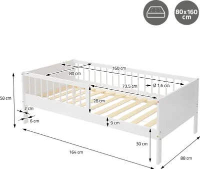 Produktbild von ML-Design Kinderbett mit Lattenrost und Rausfallschutz, 80x160 cm, Weiß, Massivholz Einzelbett für Kinder, Jungen & Mädchen