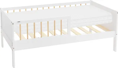 A white children's bed with a mattress and wooden slats, shown from a side angle on a white background.