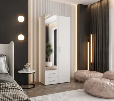 Produktbild von Kleiderschrank Weiß 80 cm – Drehtürenschrank 190x80x48 cm – mit 1 Spiegel, Kleiderstange, Einlegeböden und 2 Schubladen – Schlafzimmerschrank
