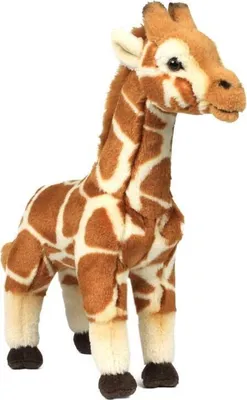 A plush toy giraffe standing on a white background.