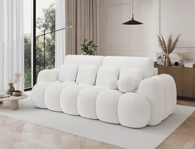 Produktbild von Schlafsofa, Sofa mit Schlaffunktion und Bettkasten, Polstersofa  aus Bouclé, Couch für Wohnzimmer, Sofagarnitur Wohnlandschaft mit Bettfunktion - Sofa Elvento - Weiß (Paolli 01)
