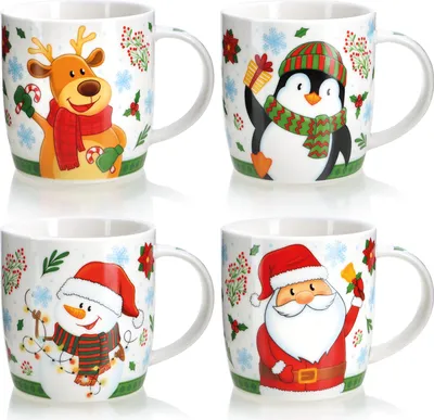 Produktbild von com-four® 4x Kaffeebecher aus Keramik - Kaffee-Tasse in weihnachtlichem Design - Kaffeepott für Kalt- und Heißgetränke - bunte Henkeltassen zur Adventszeit 350 ml