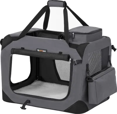 A gray pet carrier is shown against a white background.