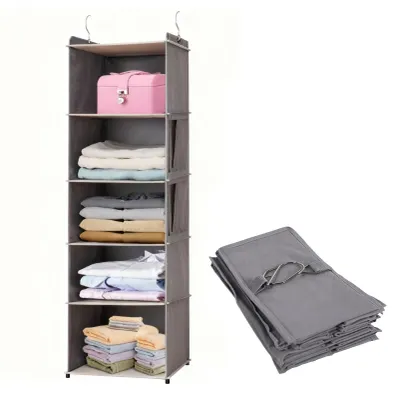 Produktbild von Hängendes Kleiderschrankregal mit 2 Metallhaken und 5 Fächern, faltbare Hängeaufbewahrung für den Kleiderschrank, platzsparender Hängeorganizer mit 5 Ebenen, Hängeorganizer für den Kleiderschrank, Schlafzimmerorganizer (grau)