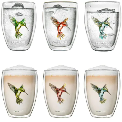 Produktbild von Creano doppelwandige Tee-Gläser, Cappuccino-Glas, Thermoglas Hummi im Kolibri Design, 6er Set, 250 ml in exklusiver Geschenkbox, blau / rot / grün