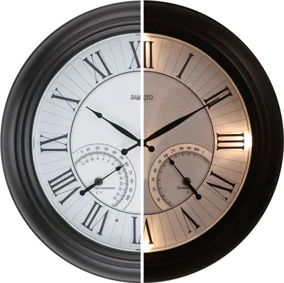 Produktbild von Samilito Beleuchtete Wanduhr für den Innen- und Außenbereich, wasserdicht, große Uhr mit Thermometer und Hygrometer für Garten, Terrasse, Pool,