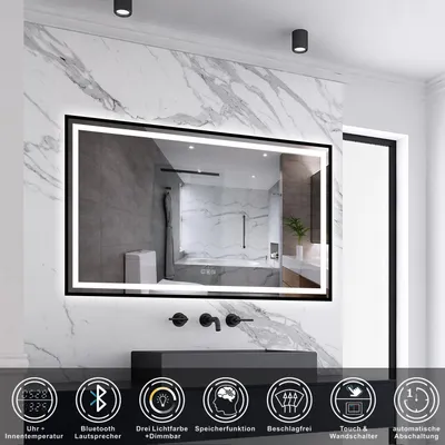 Produktbild von AICA LED Badspiegel Rechteck 140x80cm Beschlagfrei Bluetooth Uhr 3 Lichtfarbe Dimmbar Wandspiegel mit Schwarzem Rahmen IP44