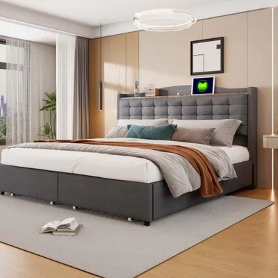 Image de AIORBER Lit rembourré, 160x200 cm, tissu en lin, avec étagères, grand espace de rangement, structure métallique, avec prise de charge USB, 4 tiroirs, lit double, gris