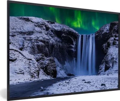 Produktbild von MuchoWow® MuchoWow® Gerahmtes Poster Nordlichter - Wasserfall - Schnee - Island 60x40 cm - Poster mit zchwarzem Bilderrahmen - Printing - Wanddeko Schlafzimmer