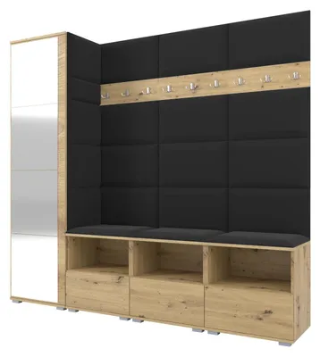 Produktbild von Garderobe NELA IX 200 cm Modulare Flurmöbel Artisan Eiche mit Spiegel & Sitzpolster Schwarz 16 (Breite Sitzbank)