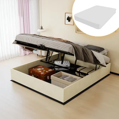 Imagen del producto de Cama tapizada de 160x200 cm con colchón y sistema de elevación neumático, sin cabecero. Estructura de la cama con revestimiento de terciopelo, diseño minimalista, color beige