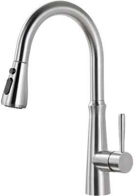 Immagine prodotto di Miscelatore da cucina Unyqoos® con doccetta estraibile (50 cm) – girevole a 360°, 3 modalità, acciaio inossidabile, finitura nichel spazzolato, montaggio monoblocco