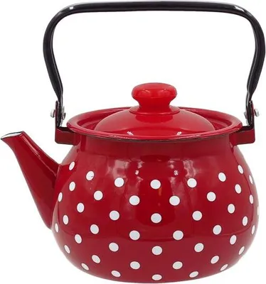 A red polka dot enamel teapot with a black handle.