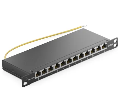 Produktbild von deleyCON CAT 6a 0,5 HE Patchpanel Mini Verteilerfeld 12 Port - Desktop 10" Zoll Rackeinbau Servermontage RJ45 geschirmt TIA568A TIA568B RAL 9005 Schwarz