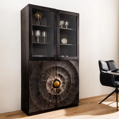 Produktbild von riess-ambiente Highboard GOLDEN SUNSET 180cm schwarz gold massives Mangoholz Glastüren Vitrine