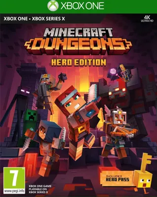 The image is the cover art for the video game Minecraft Dungeons Hero Edition for Xbox One.