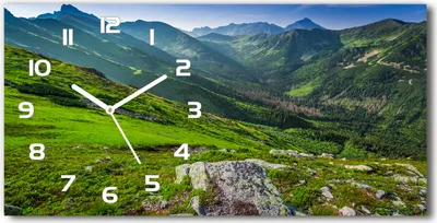 Produktbild von Wanduhr aus Glas – 60x30 cm - Glasbild - Glasuhr - Gehärtetes Glas - weisse-zeiger - Dämmerung in den Bergen