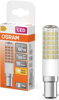 A product package for an OSRAM LED bulb, with the bulb itself shown next to it.