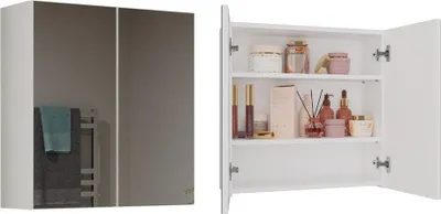 Zdjęcie produktu dla Wisząca szafka łazienkowa Pola 2DL z drzwiami lustrzanymi – kompaktowa i nowoczesna | Kolor: biały | Wymiary: 60 x 60 x 22