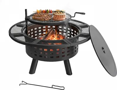 Produktbild von Relaxdays Feuerschale, Ø 91,5 cm, verstellbarer Grillrost, Deckel & Schürhaken, Feuerstelle Garten, Feuerkorb, schwarz