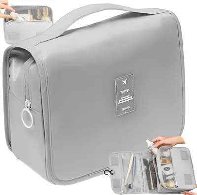 Produktbild von Kulturbeutel Kulturtasche Reise Kosmetiktasche Make-up-Organizer mit Henkel hängend Waschbeutel Waschtasche für Damen und Herren Grau Retoo