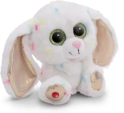 A white plush bunny toy with colorful speckles and large green eyes, sitting on a white background.