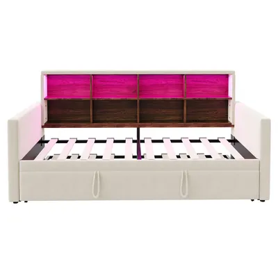 Produktbild von Flieks Schlafsofa Jugendbett 90x190cm mit Ausziehbett, Tagesbett Daybed mit Led, Polsterbett Einzelbett mit Ladefunktion und Stauraum, Samt, Beige