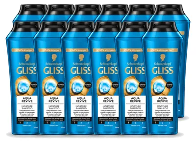 Immagine prodotto di 12 flaconi di shampoo Gliss Aqua Revive, per capelli idratati, da 250 ml ciascuno. Confezione da 12 pezzi