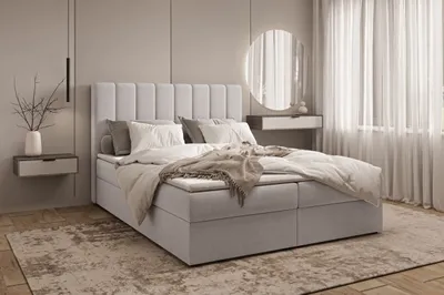 Produktbild von Kontinentalbett aus Samt, Polsterbett, Boxspringbett, dekorativem Kopfteil Doppelbett mit Bonell-Matratze, Topper und Bettkasten (gepolstertes Kopfteil, Boxspring) Boxspringbett Bett 01 –140x200 - Trinity 32 - Silber