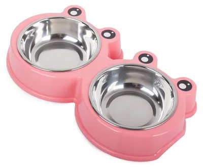 Image de Verk 19107 Gamelle double pour chiens et chats, acier inoxydable, 2x175 ml rose