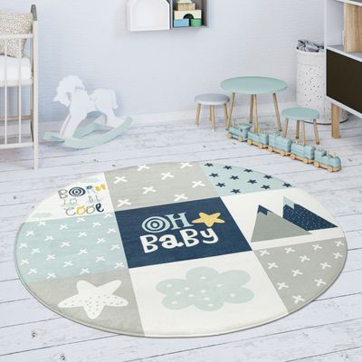 Kinderteppich Teppich Kinderzimmer Spielmatte Rauten Sterne Grau Blau Weiß Grösse 80 cm Rund