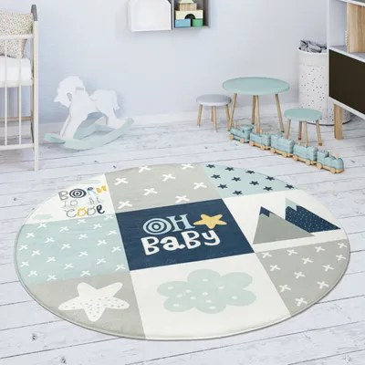 Image de Tapis pour enfants Tapis pour chambre d'enfants Tapis de jeu Losanges Étoiles Gris Bleu Blanc Taille 150 cm Rond