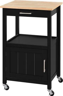Immagine prodotto di Carrello da cucina - Con armadio, cassetto e piano di lavoro in legno - Su ruote - Design nero
