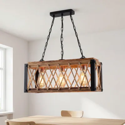 Produktbild von Hängelampe Metall Holz E27 H: max. 80 cm in Schwarz geflammtes Kupfer 3-flammig länglich Rustikal