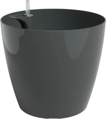 A dark gray planter pot with a self-watering system.