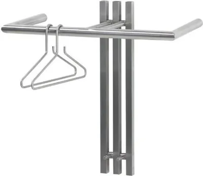 A metal coat rack with hangers.