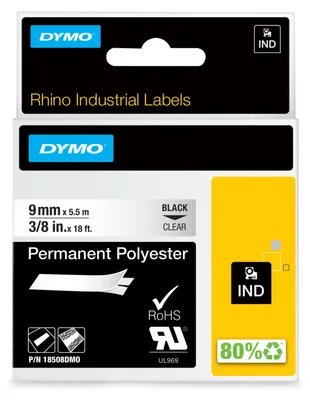 Produktbild von DYMO Rhino Polyester-Schriftband D1, 9 mm x 5,5 m, schwarz/transparent