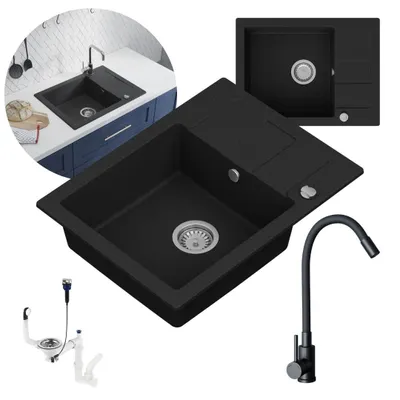 Produktbild von GRANMASTER Quadrato Granitspülbecken Komplett-Set mit Schwarz Küchenarmatur aus Edelstahl, Automatischem Syphon und Imprägniermittel – 1 komorige