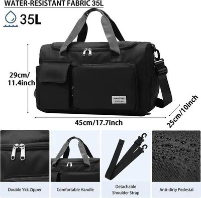 Produktbild von Wasserdichte Reisegepäcktasche, 35 Liter, Fitness-Reisekoffer, mit Schuhabteil und Nässeabteil, für Kurzurlaube, Herren & Damen, schwarz