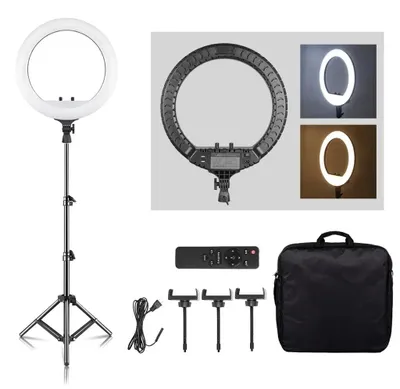 Productafbeelding van LED-ringlamp 45,7 cm - Selfie-lamp voor foto's en video's - Met afstandsbediening - 200 cm statief