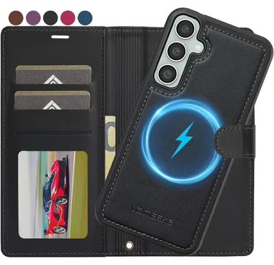 Immagine prodotto di Custodia in pelle a libro per Samsung Galaxy A15 4G/5G, colore nero, removibile, con scomparto per carte RFID e compatibile con la ricarica wireless